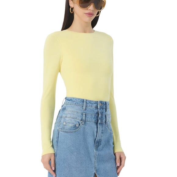 AFRM Backless Top Pale Yellow XS Long Sleeve Bodycon Slinky Pozi $58 NEW no Tag - Picture 3 of 8